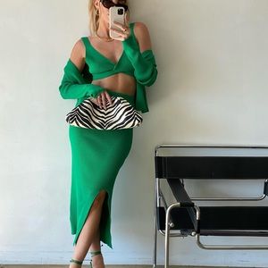Green Ribbed Skirt Set